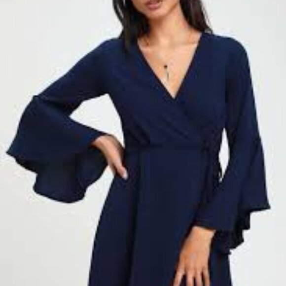 Lulus Dresses & Skirts - Plot Twist Navy Blue Flounce Sleeve Wrap Dress